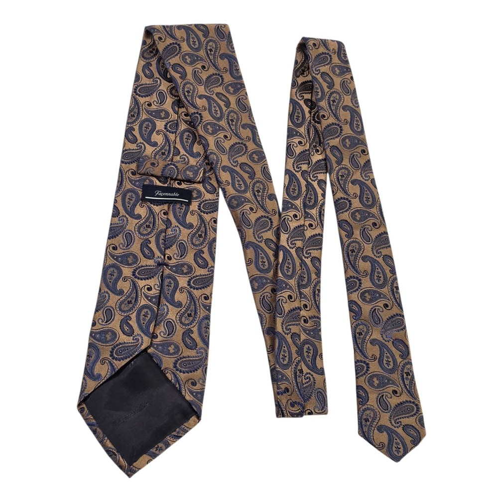 Faconnable Paisley Mens Silk Neck Tie Gold Blue Classic Formal Business Preppy